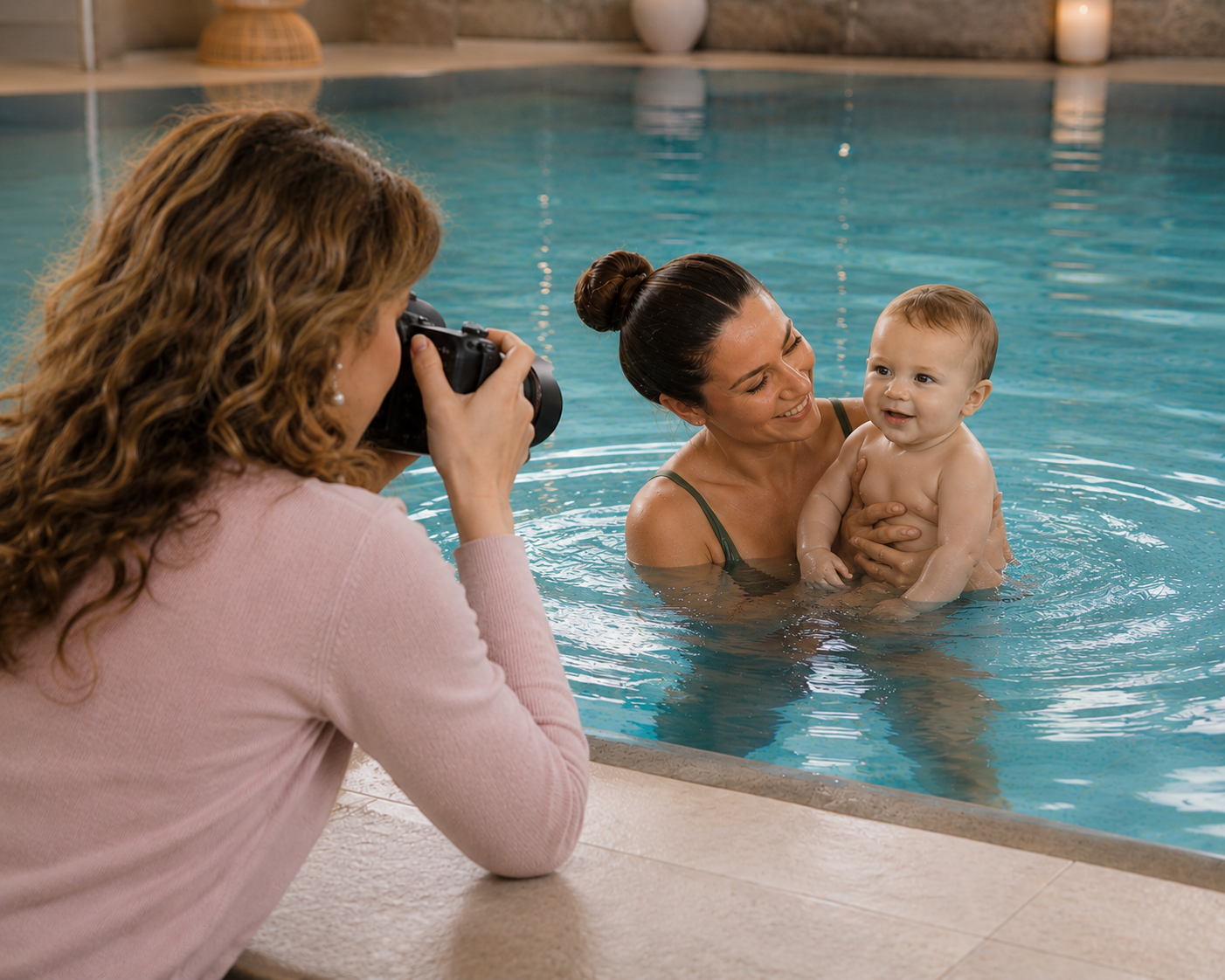 Lilly fotografiert Mutter mit Baby im Pool